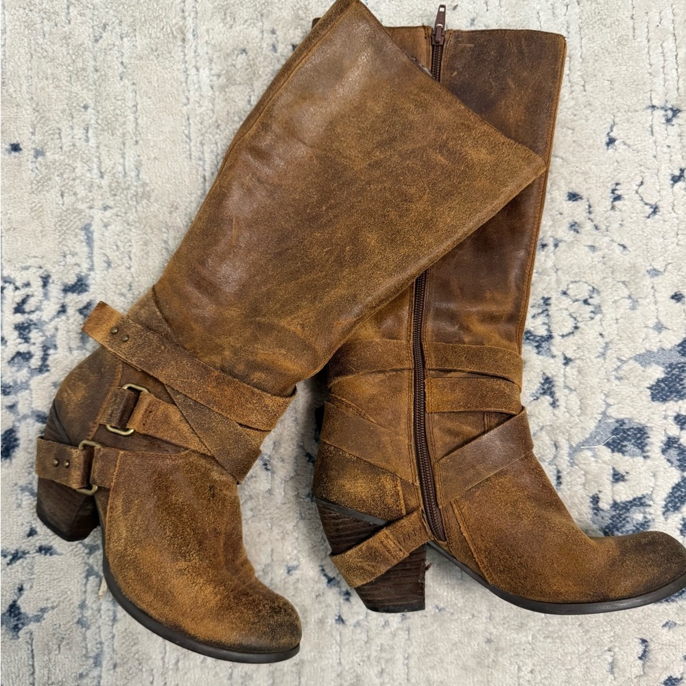 Fergie Brown Distressed Strapped Leather Knee-High Boots